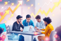 A vibrant digital workspace with creators collaborating on laptops, surrounded by glowing arrows, shopping carts, and flowing data streams on a bri... A vibrant digital workspace with creators collaborating on laptops, surrounded by glowing arrows, shopping carts, and flowing data streams on a bri...