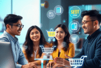 A vibrant digital workspace with entrepreneurs collaborating using AI holograms of product icons, shopping carts, and SEO symbols against a bright,...