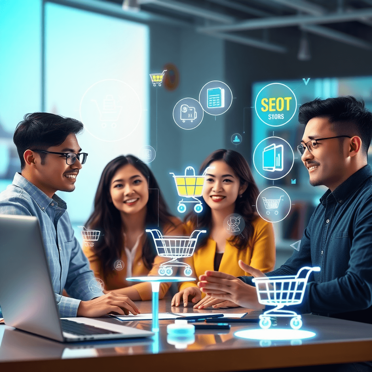 A vibrant digital workspace with entrepreneurs collaborating using AI holograms of product icons, shopping carts, and SEO symbols against a bright,...