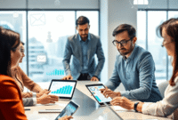 A vibrant modern workspace with professionals collaborating around a sleek desk, digital devices displaying graphs, and floating icons of email, ca...