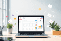 Bright modern workspace with laptop showing a clean ecommerce dashboard, surrounded by floating shopping carts, packages, credit cards, and vibrant...