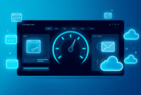 Digital dashboard with glowing blue and green speedometers, performance gauges, and floating web icons on a clean futuristic background.