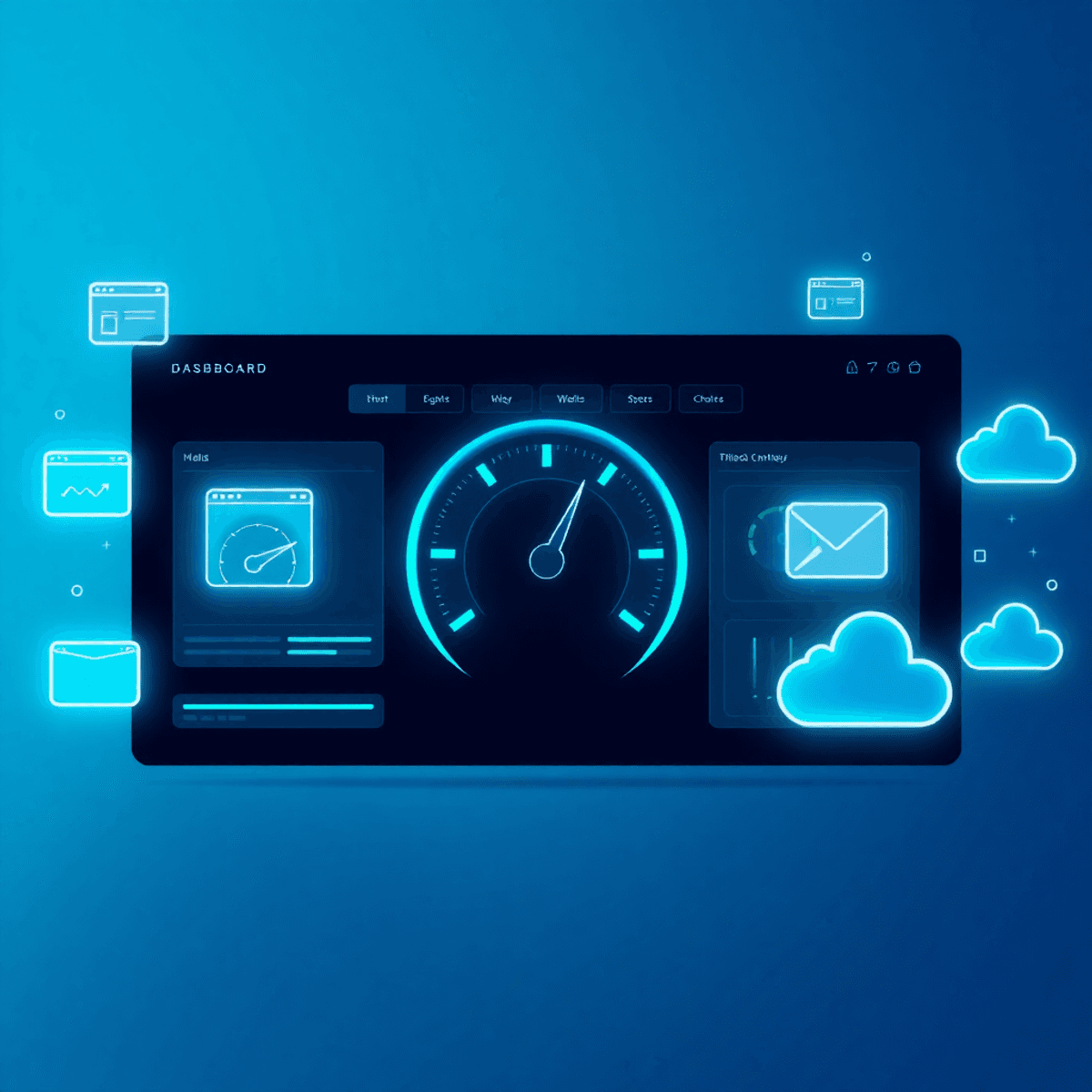 Digital dashboard with glowing blue and green speedometers, performance gauges, and floating web icons on a clean futuristic background.