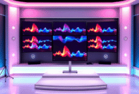 Digital studio with multiple screens showing colorful waveforms and streaming icons, surrounded by glowing network symbols on a sleek blue-purple b...