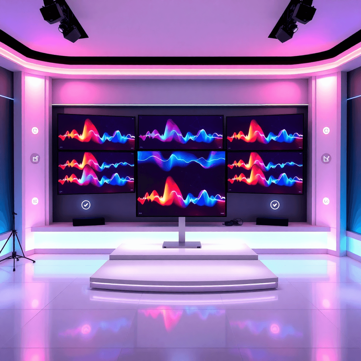 Digital studio with multiple screens showing colorful waveforms and streaming icons, surrounded by glowing network symbols on a sleek blue-purple b...