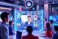 Futuristic digital workspace with AI avatars interacting with holographic video screens and marketing icons in a vibrant, modern setting.