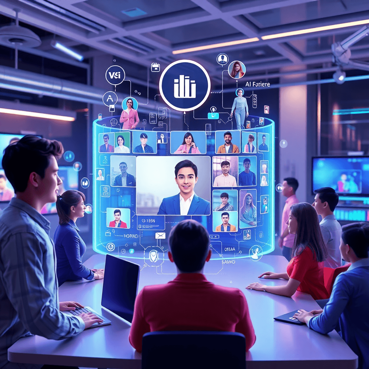 Futuristic digital workspace with AI avatars interacting with holographic video screens and marketing icons in a vibrant, modern setting.
