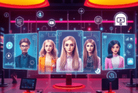 Futuristic digital workspace with lifelike AI avatars on holographic screens, abstract icons for video creation, automation, and global connectivit...