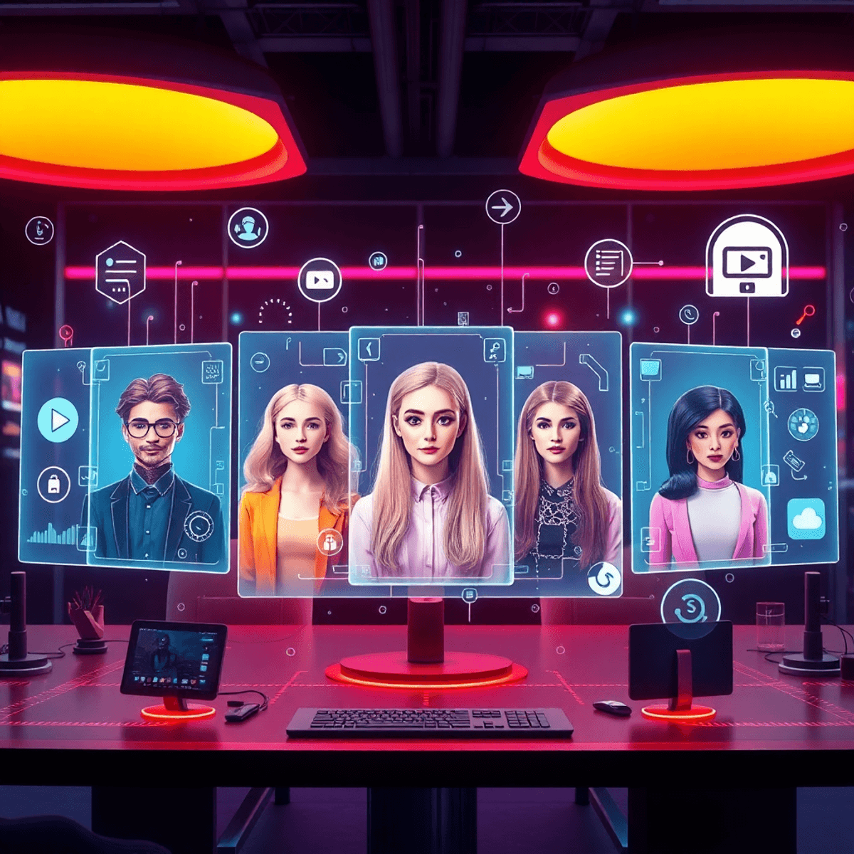 Futuristic digital workspace with lifelike AI avatars on holographic screens, abstract icons for video creation, automation, and global connectivit...
