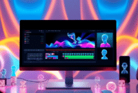 Futuristic digital workspace with sleek computer showing video editing timelines, AI avatars, and glowing icons of automation and creativity on vib...