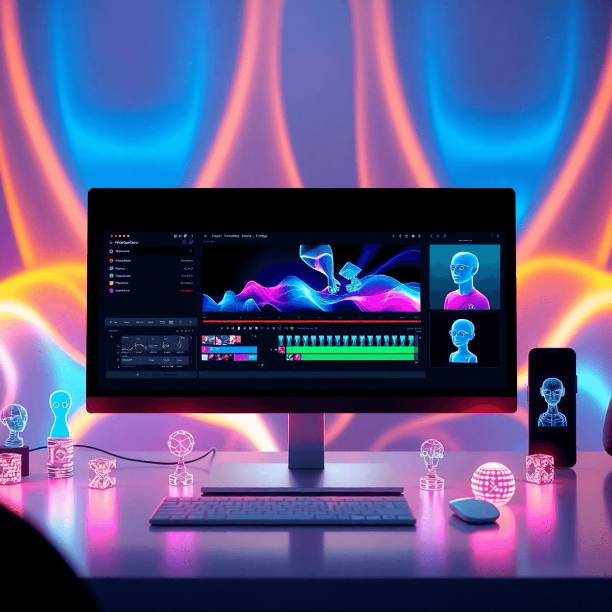 Futuristic digital workspace with sleek computer showing video editing timelines, AI avatars, and glowing icons of automation and creativity on vib...