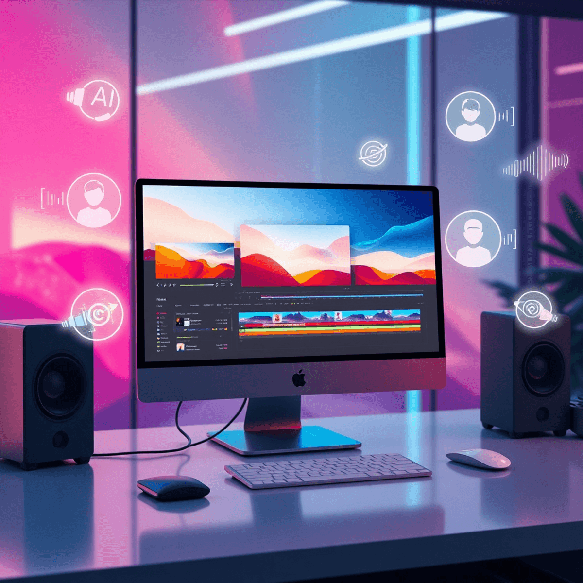 Futuristic workspace with sleek computer showing abstract video timelines, floating avatar icons, glowing AI symbols, and digital voice waveforms o...