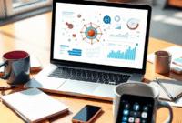 Laptop with AI graphics on screen, surrounded by notebooks, coffee cup, and smartphone with social media icons in a bright, modern workspace.