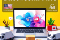 Modern eCommerce workspace with laptop showing online store, delivery trucks, boxes, US and Canadian supplier icons, symbolizing fast shipping and ...