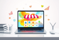 Modern ecommerce workspace with a laptop showing a colorful online store interface, surrounded by floating graphs and charts on a bright, clean bac...