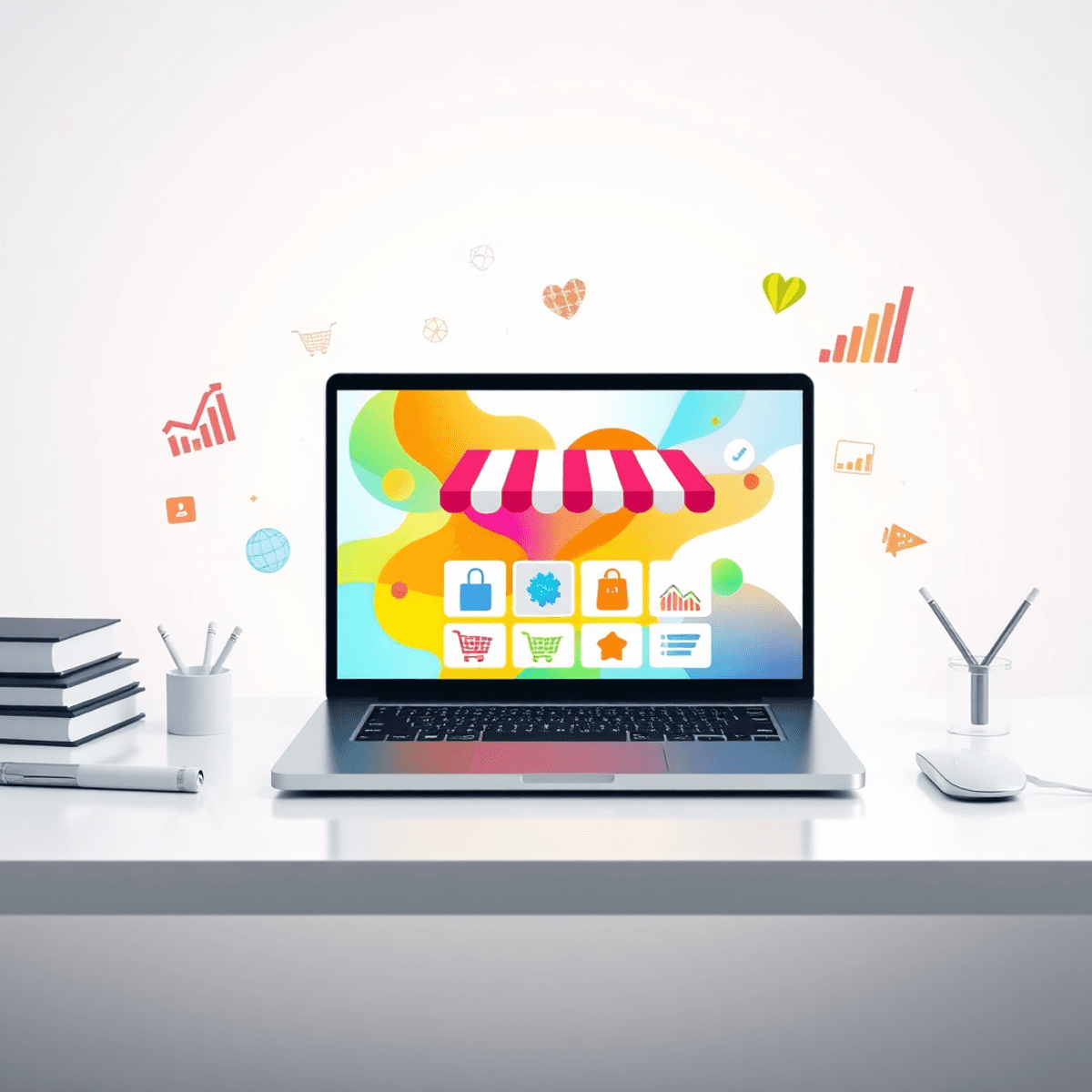 Modern ecommerce workspace with a laptop showing a colorful online store interface, surrounded by floating graphs and charts on a bright, clean bac...