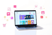 Modern ecommerce workspace with a sleek laptop showing a customizable online store, surrounded by shopping icons on a bright, clean background.