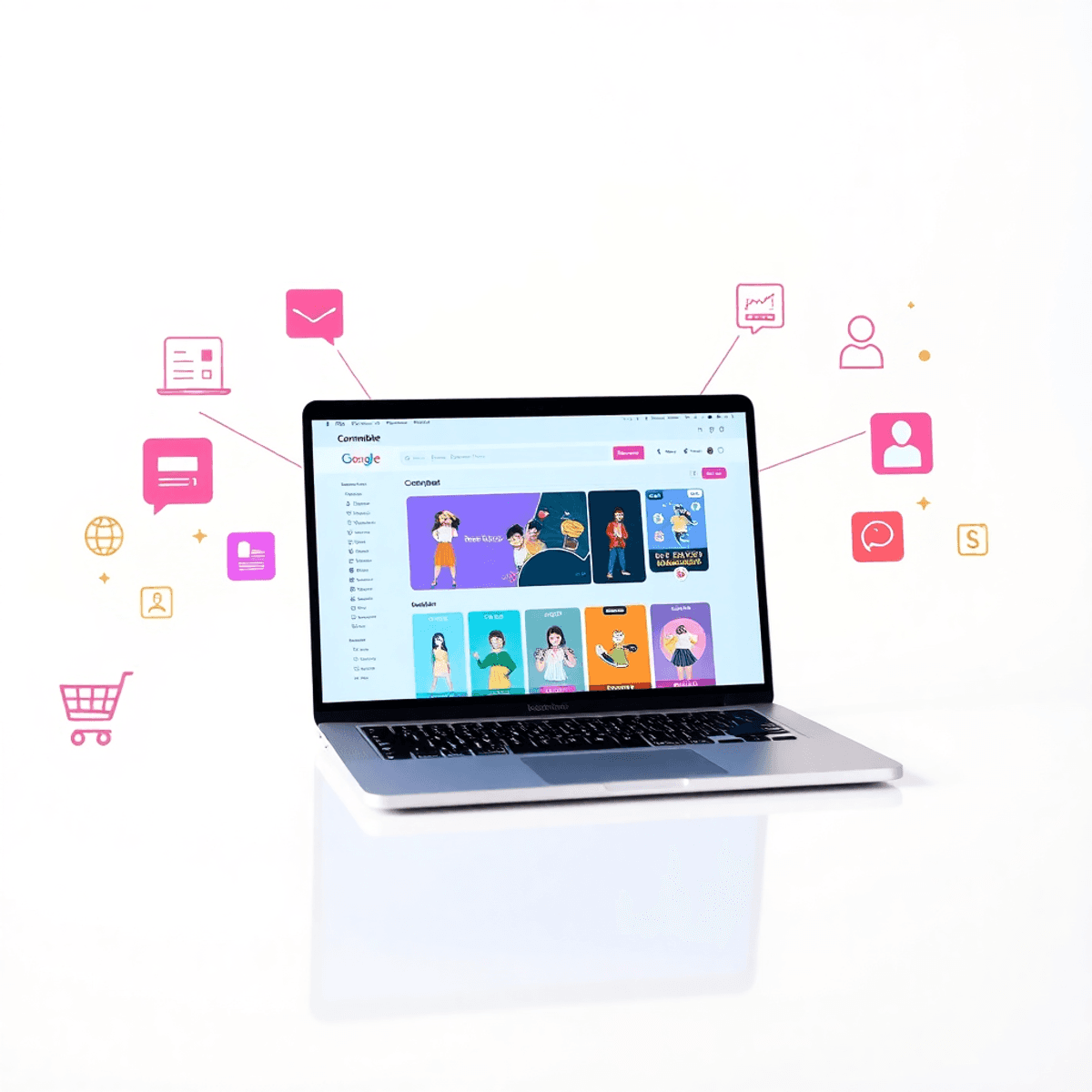 Modern ecommerce workspace with a sleek laptop showing a customizable online store, surrounded by shopping icons on a bright, clean background.