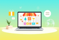Modern laptop showing colorful online store interface, surrounded by package boxes, credit card icon, and globe on a soft gradient background. Modern laptop showing colorful online store interface, surrounded by package boxes, credit card icon, and globe on a soft gradient background.