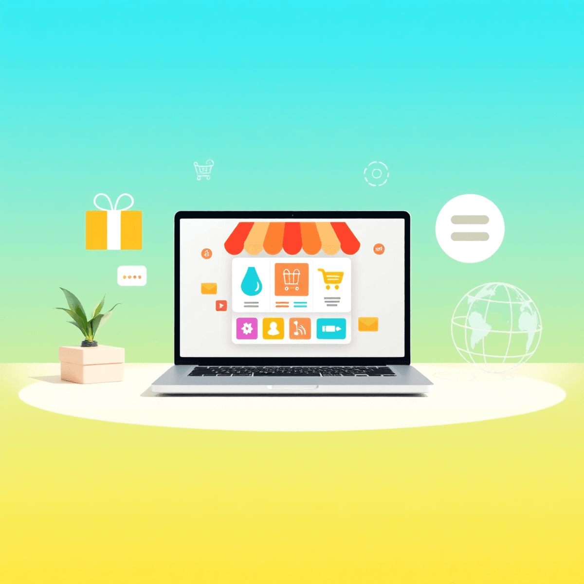 Modern laptop showing colorful online store interface, surrounded by package boxes, credit card icon, and globe on a soft gradient background.