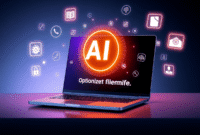 Modern laptop with glowing AI interface and floating icons for creativity, communication, and technology on a clean, vibrant workspace background.