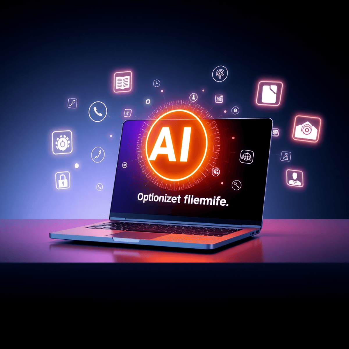 Modern laptop with glowing AI interface and floating icons for creativity, communication, and technology on a clean, vibrant workspace background.