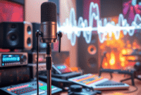 Modern microphone on a stand with audio equipment and glowing digital waveforms in a vibrant, futuristic studio setting symbolizing AI and music pr...