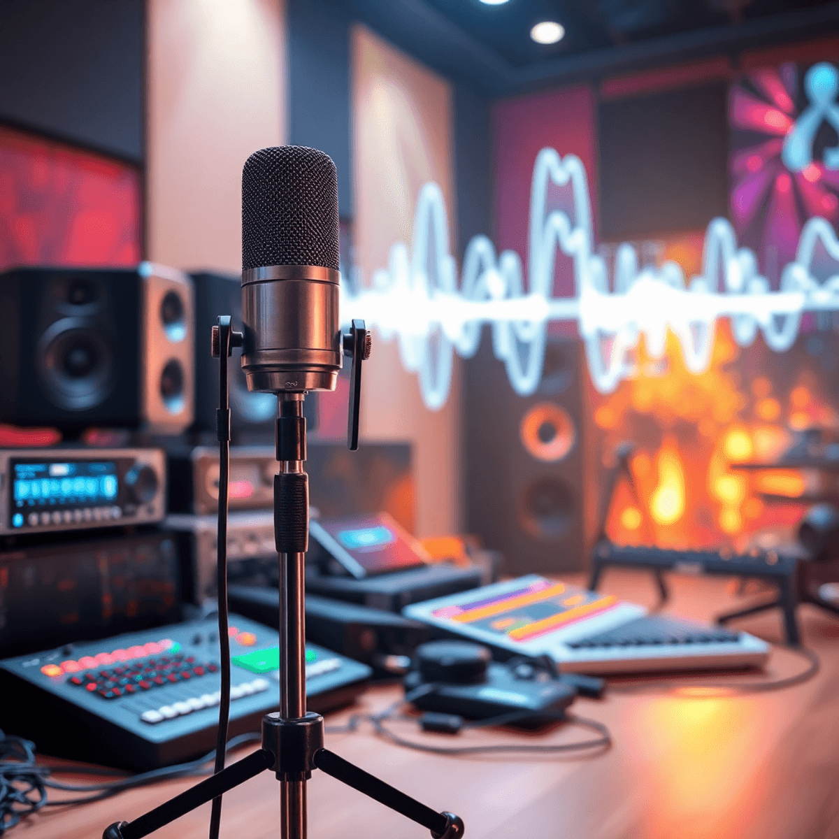 Modern microphone on a stand with audio equipment and glowing digital waveforms in a vibrant, futuristic studio setting symbolizing AI and music pr...