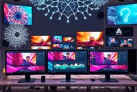 Modern studio workspace with sleek computers showing abstract video editing, AI neural patterns, digital avatars, and vibrant e-commerce product im... Modern studio workspace with sleek computers showing abstract video editing, AI neural patterns, digital avatars, and vibrant e-commerce product im...