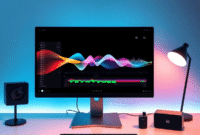 Modern workspace with a high-res screen showing abstract video and audio waveforms, surrounded by minimalist tech gadgets and soft ambient lighting.