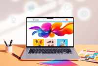 Modern workspace with a laptop showing a colorful eCommerce design, surrounded by design tools and glowing icons for drag-and-drop features.