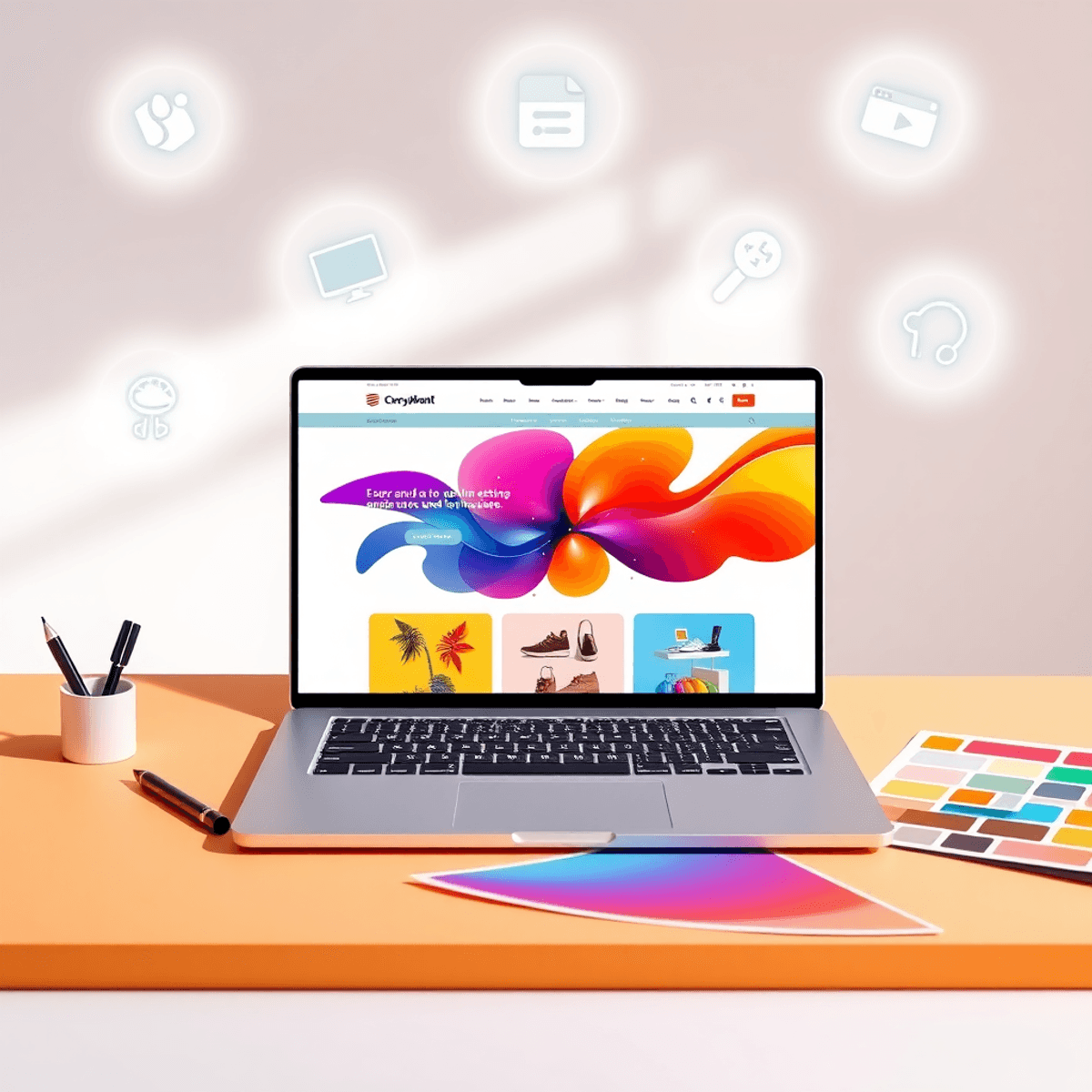 Modern workspace with a laptop showing a colorful eCommerce design, surrounded by design tools and glowing icons for drag-and-drop features.