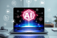 Modern workspace with a laptop showing a glowing AI interface, surrounded by icons for marketing, SEO, writing, and creativity connected by light t... Modern workspace with a laptop showing a glowing AI interface, surrounded by icons for marketing, SEO, writing, and creativity connected by light t...