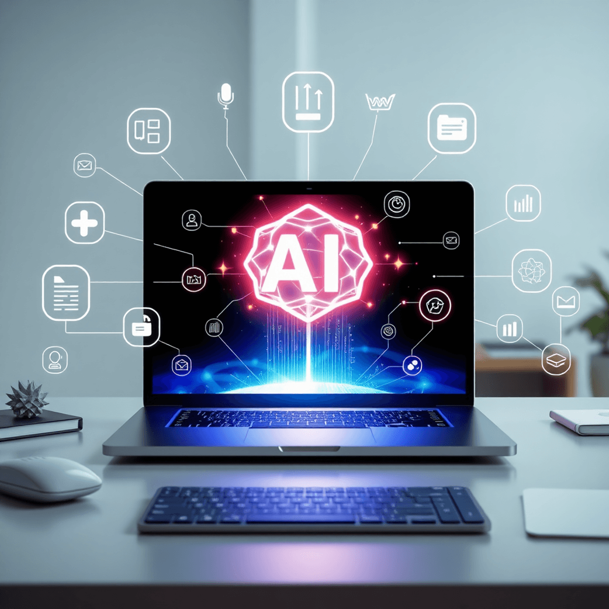 Modern workspace with a laptop showing a glowing AI interface, surrounded by icons for marketing, SEO, writing, and creativity connected by light t...