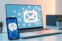 Modern workspace with laptop and smartphone showing glowing email icons and digital graphs in blue and white tones, symbolizing AI-driven marketing...