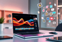 Modern workspace with laptop showing abstract video waveforms, colorful digital clips, and vibrant AI and social media icons in bright, dynamic lig...