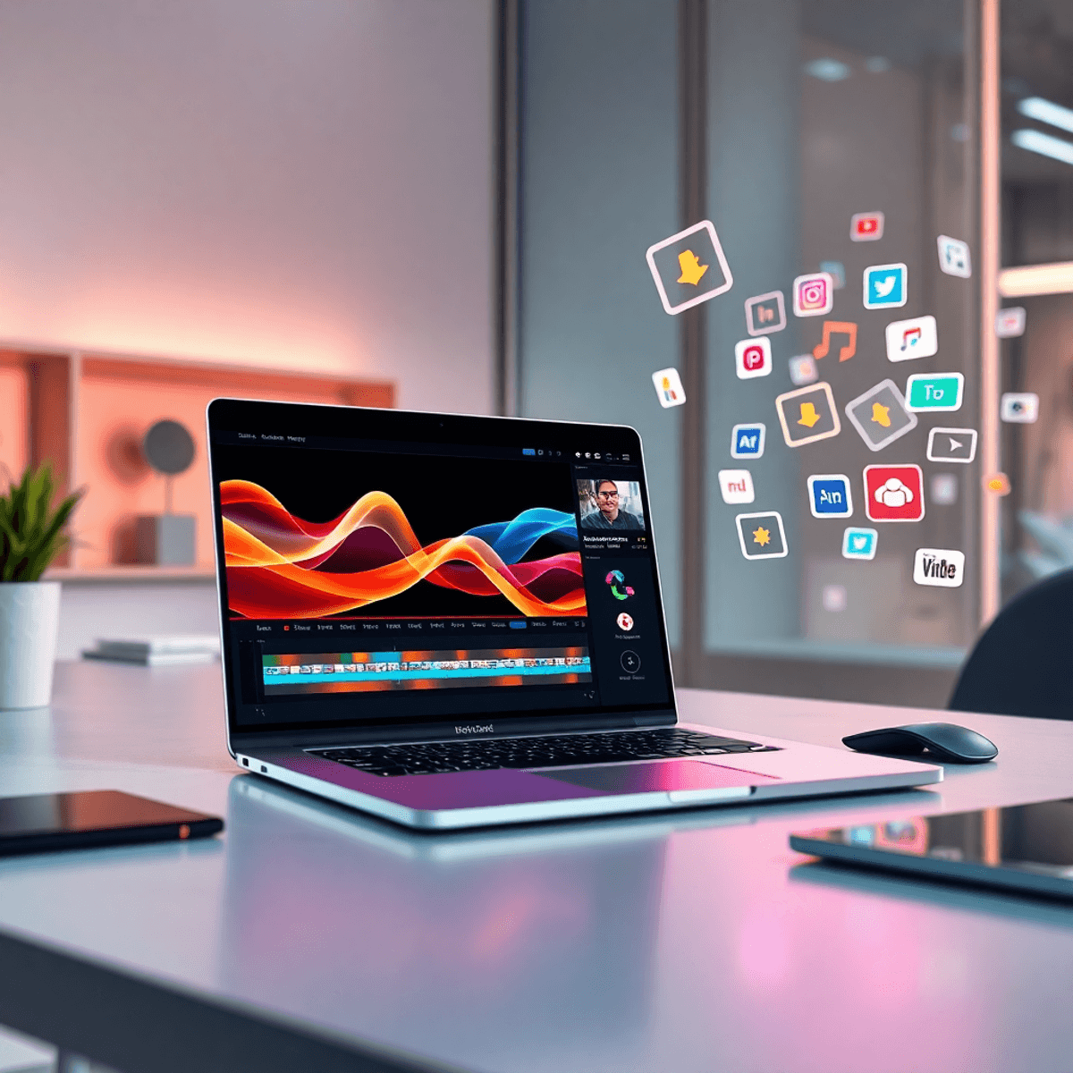 Modern workspace with laptop showing abstract video waveforms, colorful digital clips, and vibrant AI and social media icons in bright, dynamic lig...