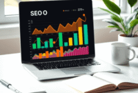 Modern workspace with laptop showing colorful SEO graphs, coffee cup, and notebook, bathed in soft natural light for a clear, simple digital market...