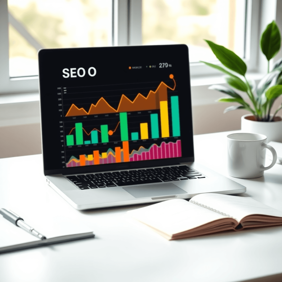 Modern workspace with laptop showing colorful SEO graphs, coffee cup, and notebook, bathed in soft natural light for a clear, simple digital market...