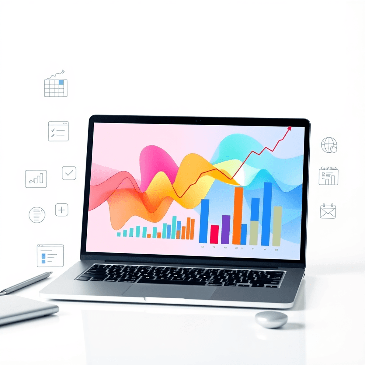 Modern workspace with laptop showing colorful SEO graphs, surrounded by icons of data analysis and digital marketing on a bright, clean background.