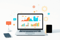 Modern workspace with laptop showing colorful charts, surrounded by icons of communication, automation, and customization on a clean digital backgr...