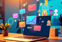 Modern workspace with laptop showing colorful email and marketing icons, AI neural patterns, customer avatars, and eCommerce symbols in warm light.