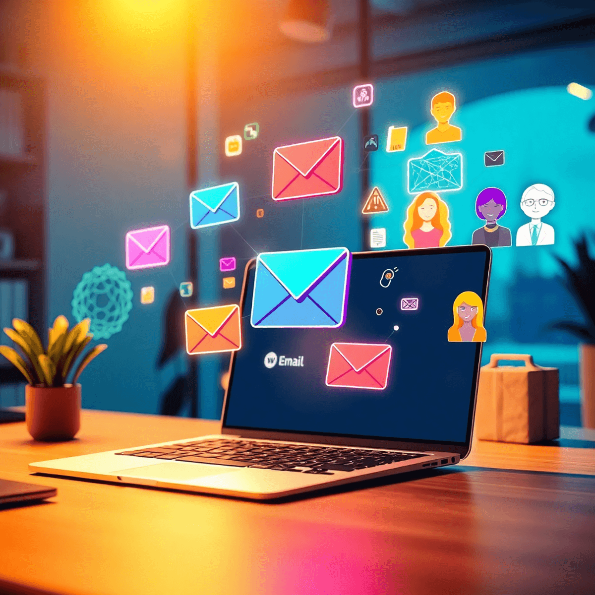 Modern workspace with laptop showing colorful email and marketing icons, AI neural patterns, customer avatars, and eCommerce symbols in warm light.