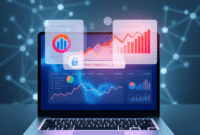 Modern workspace with laptop showing colorful floating data charts, digital network patterns, and soft lighting symbolizing web analytics and privacy. Modern workspace with laptop showing colorful floating data charts, digital network patterns, and soft lighting symbolizing web analytics and privacy.