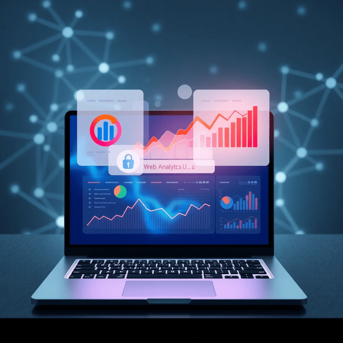Modern workspace with laptop showing colorful floating data charts, digital network patterns, and soft lighting symbolizing web analytics and privacy.