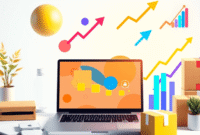 Modern workspace with laptop showing product designs, shipping packages, and colorful marketing icons on a bright background symbolizing ecommerce ...