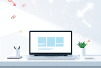 Modern workspace with laptop showing website, surrounded by floating link symbols and arrows, on a bright background symbolizing smooth navigation ...