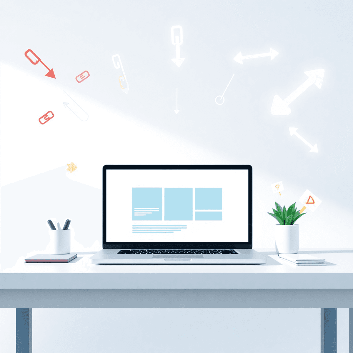 Modern workspace with laptop showing website, surrounded by floating link symbols and arrows, on a bright background symbolizing smooth navigation ...
