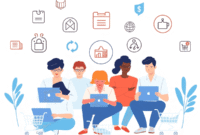 People using laptops and tablets to manage online subscriptions, with icons of payments, calendars, and shopping carts on a bright, tech-themed bac... People using laptops and tablets to manage online subscriptions, with icons of payments, calendars, and shopping carts on a bright, tech-themed bac...