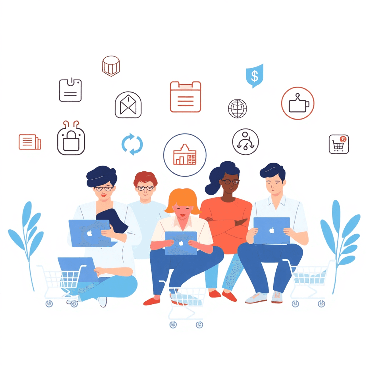 People using laptops and tablets to manage online subscriptions, with icons of payments, calendars, and shopping carts on a bright, tech-themed bac...